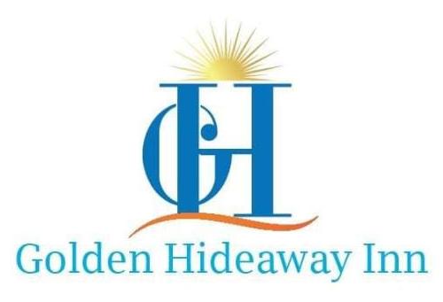 Golden Hideaway Inn logo: a blue GH monogram beneath a golden sun with an orange wave